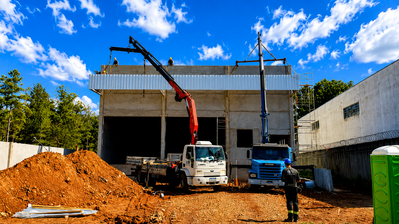 Caminhão Munck azul em operação de içamento em obra